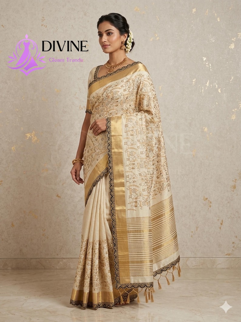 May include: A cream-colored sari with gold and black accents. The sari features intricate patterns and a gold border. The text "DIVINE Gleam Trends" is visible in the upper left corner. The sari is draped on a person.