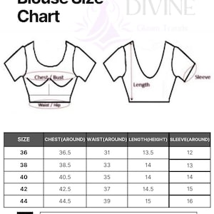 May include: Blouse size chart with measurements in inches. Includes chest, waist, length, and sleeve dimensions for sizes 36 to 44. The chart also shows diagrams of the blouse, indicating where measurements are taken.