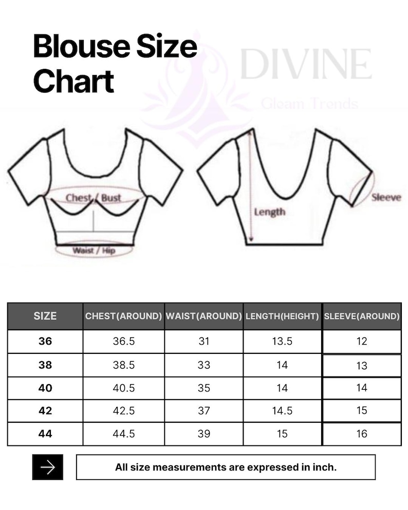 May include: Blouse size chart with measurements in inches. Includes chest, waist, length, and sleeve dimensions for sizes 36 to 44. The chart also shows diagrams of the blouse, indicating where measurements are taken.