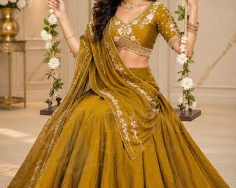 Mustard Gold Lehenga Choli for Women, Indian Wedding Lehenga, Embroidered Sequin Party Wear, Festive Ethnic Outfit with Dupatta