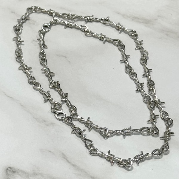 Silver Thorn Necklace, Minimalist Barbed Chain in Stainless Steel, Barbed Wire Necklace, Customizable Length, Industrial Grunge Choker