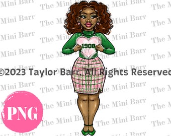 Chica de fraternidad rosa y verde PNG, Día de San Valentín HBCU, Moño afro desordenado (Archivo digital)