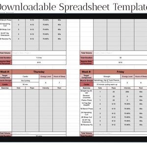 May include: A printable workout spreadsheet template with a pink and gray color scheme. The template includes sections for tracking sets, reps, intensity, rest, total volume, and total duration. The template is designed for a Thursday and Friday workout.