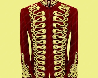 Men Red Velvet Jacket Military Gold Braided Jacket Hussar Velvet Jacket DJ Singers Nightclub Costume Stylish Jacket