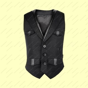 Men Gothic Vest Steampunk Wool Vest Wedding Military Style Waistcoat Black Goth Victorian PVC Waistcoat