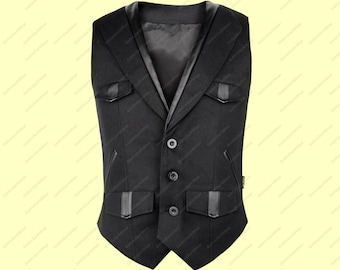 Men Gothic Vest Steampunk Wool Vest Wedding Military Style Waistcoat Black Goth Victorian PVC Waistcoat