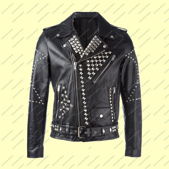Motorbike Leather Jacket Silver Studded Leather Jacket Punk