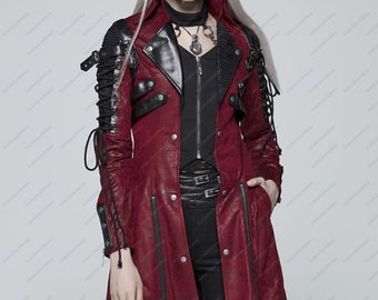 Women Gothic Jacket Punk Rave Poison Red Jacket Faux Leather Goth Steampunk Army Military Coat Women Gothic clothing
