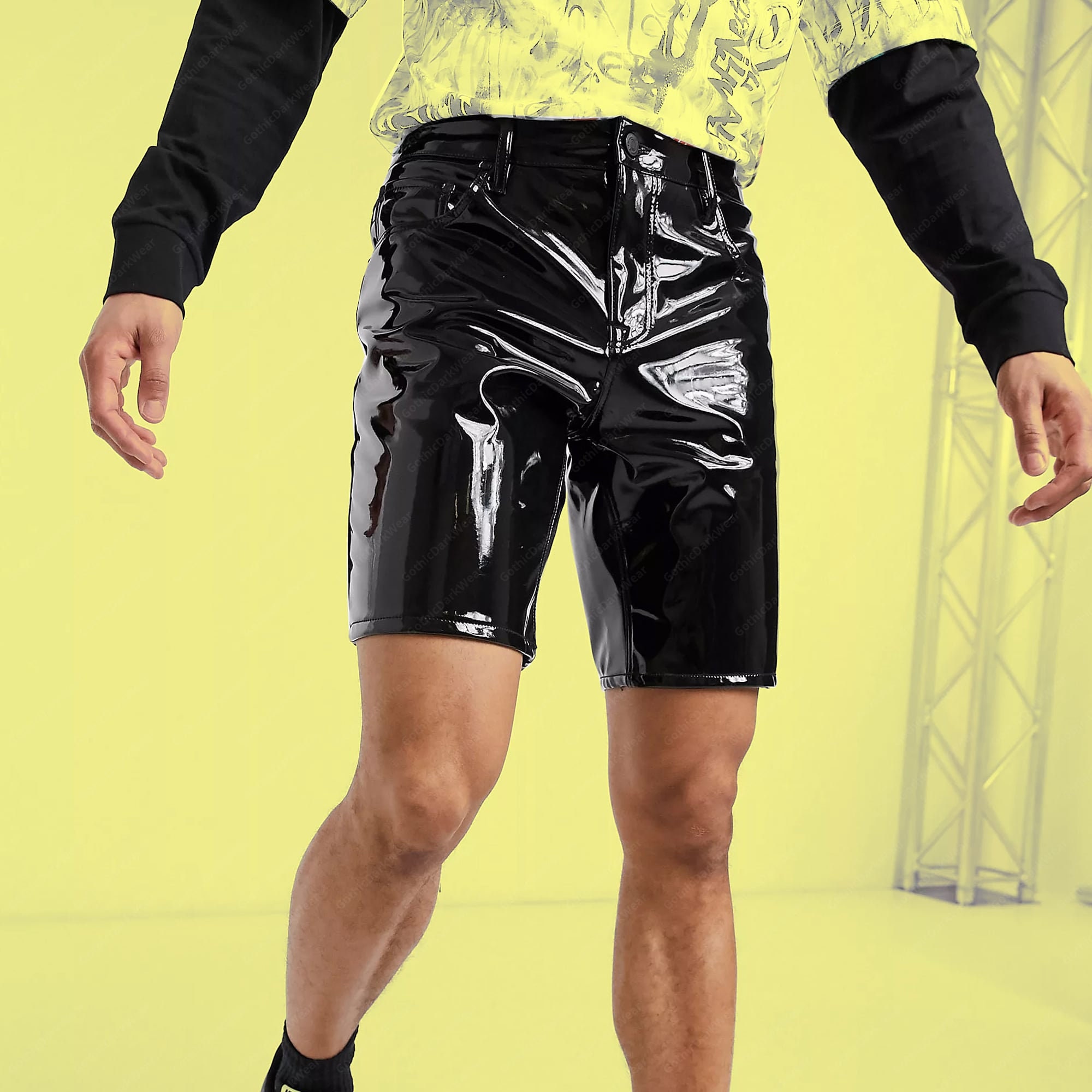 Men PVC Vinyl Shorts Club Wear Shorts Casual Short Slim Shorts in Black