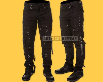 Nouveaux hommes pantalons noirs en coton avec fermeture éclair en métal punk emo rock pantalon pantalon gothique vêtements gothiques