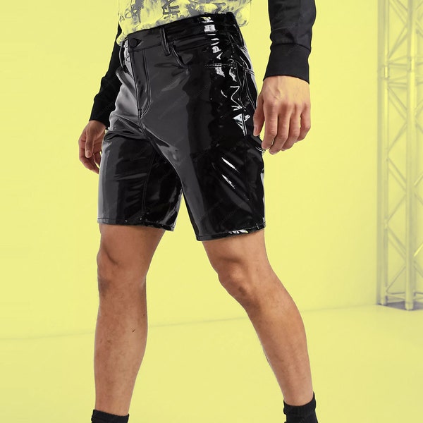 Men PVC Vinyl Shorts Club Wear Shorts Casual Short Slim Shorts in Black Vinyl Style Street Wear