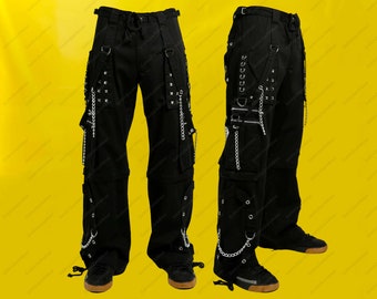 Pantalon gothique homme avec poches cargo et chaînes en argent chromé Pantalon gothique steampunk