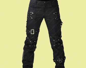 Men Gothic Trouser Black Chrome Trousers Punk Rock Studs Metal And Chain Trouser Pant Modern Style Goth Pants