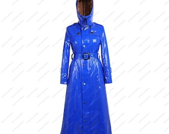 Women PVC Patent Hood Coat, Blue Waterproof Gothic Patent Long Coat