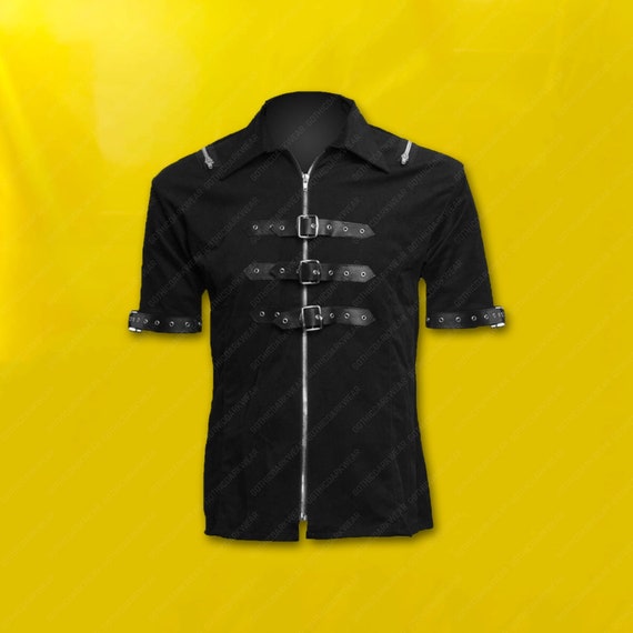 Men Gothic Shirt Black Denim Steampunk Style Straps Buckle Leather Shirt Military Shirt Etsy Canada