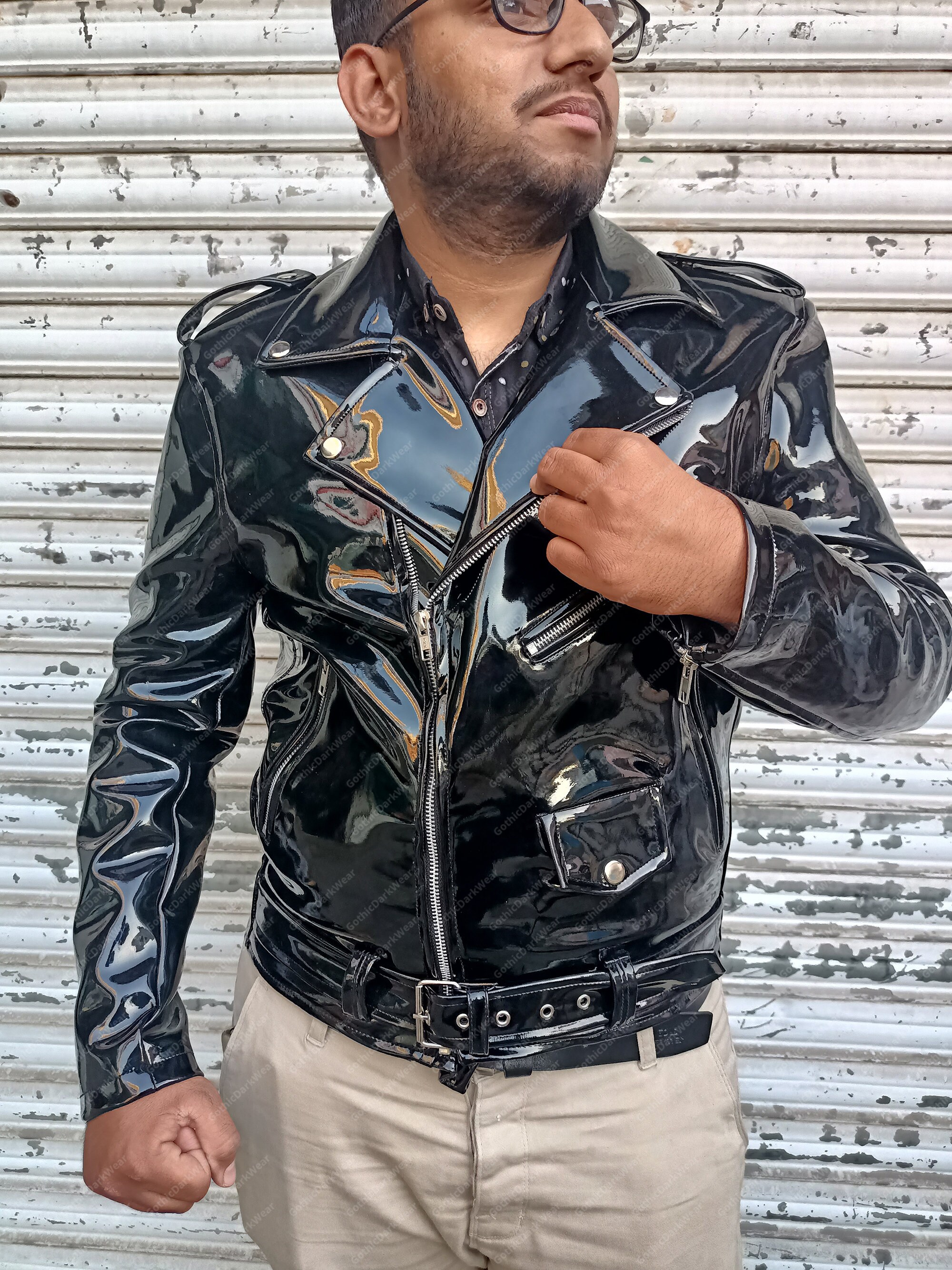 Mens pvc shop biker jacket