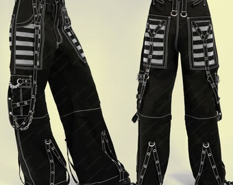 Men Gothic Mesh Panel Pant Hot Pink Threads Black Punk Trouser Buckle Zips Chain Tripp Pant Strap Punk Trousers Chrome Trousers