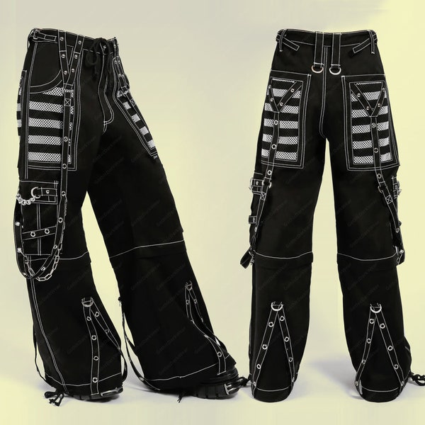 Men Gothic Mesh Panel Pant Hot Pink Threads Black Punk Trouser Buckle Zips Chain Tripp Pant Strap Punk Trousers Chrome Trousers