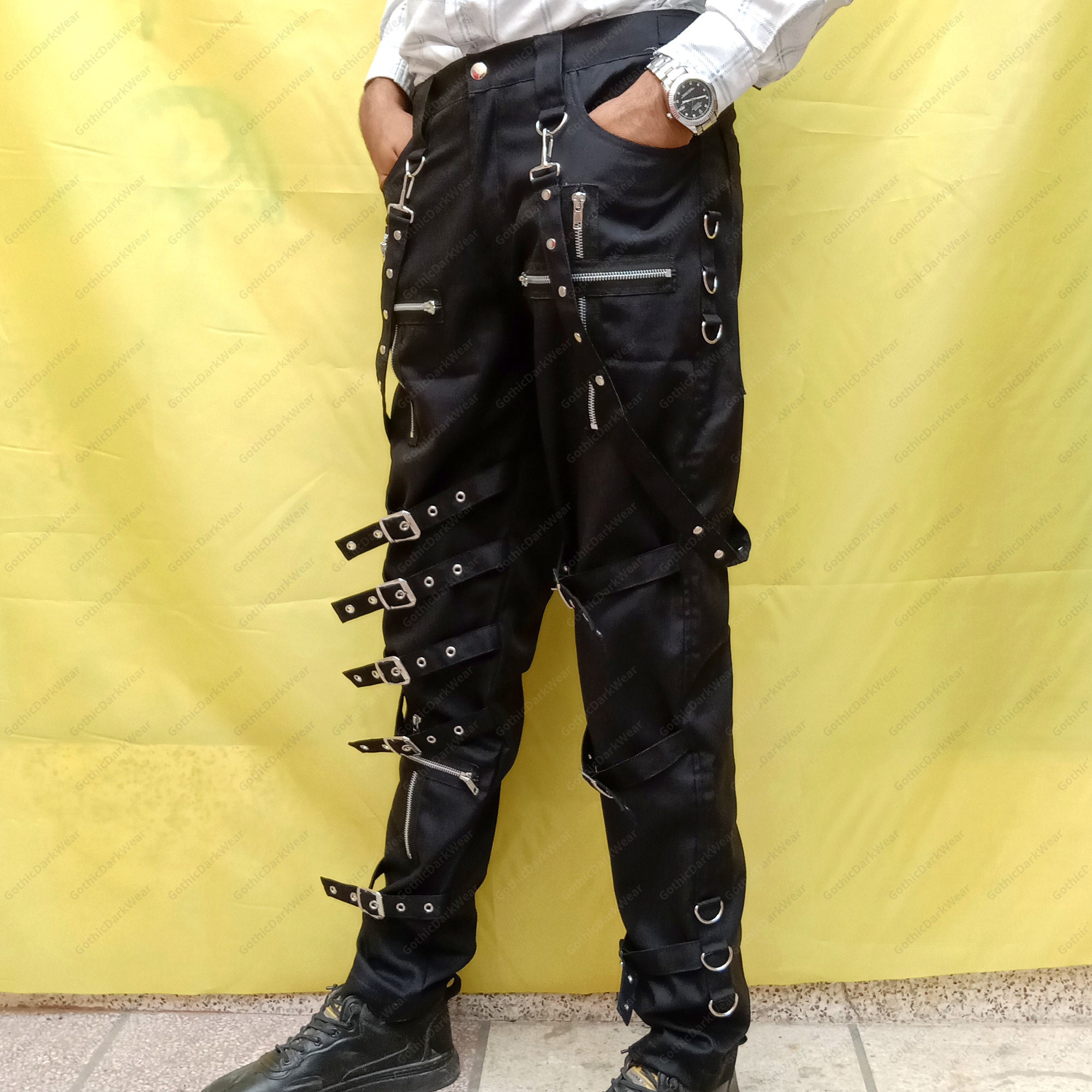 Men White Thread Gothic Pant Chains Buckle Goth Clothes