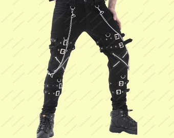 Handmade Gothic Bondage Pant Rock Black Punk Buckle Zips Chain Strap Trousers Cross Zip Pant Prime Quality Emo TRIPP Pant
