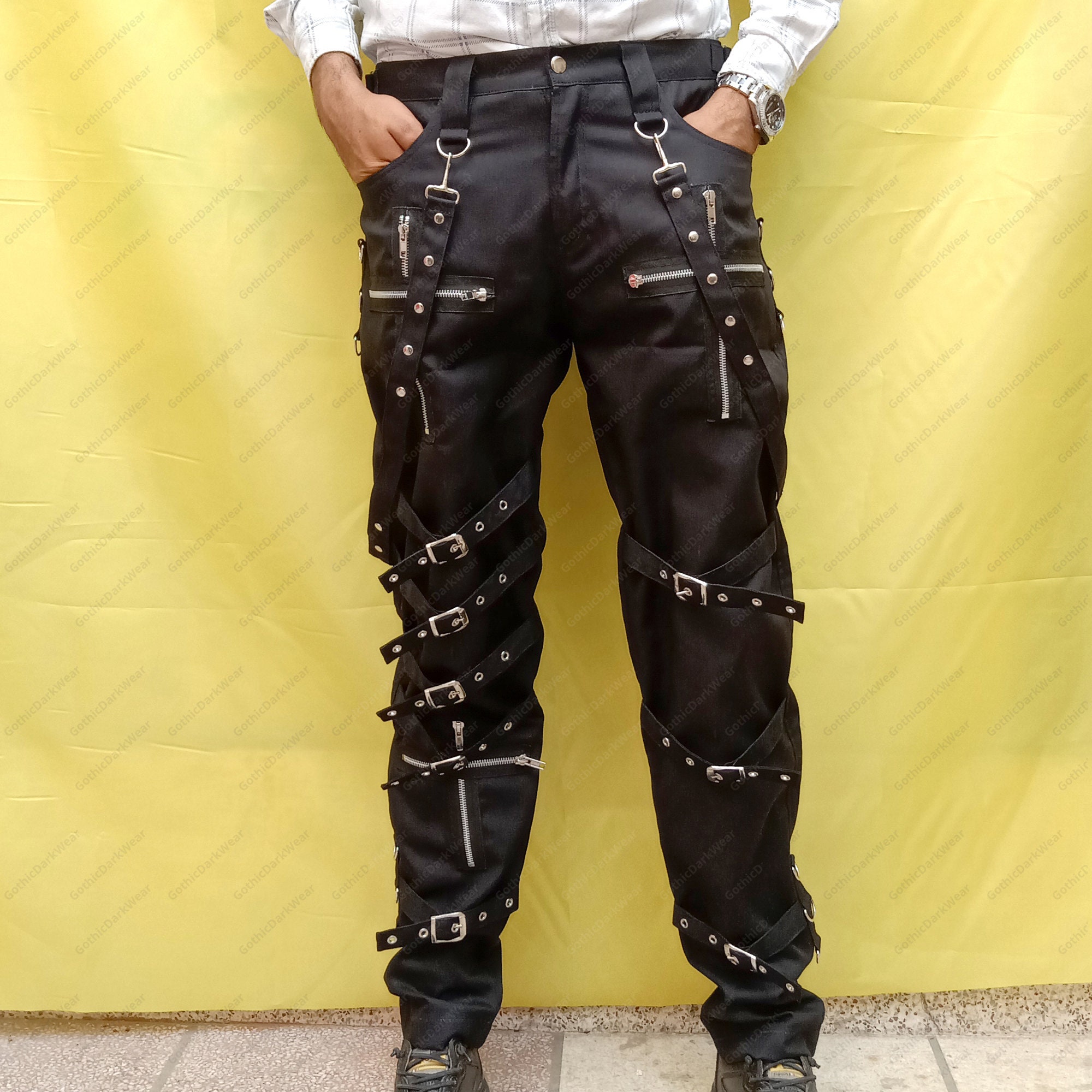 Handmade Men Gothic Pant Bondage Buckles Chains Straps Pant