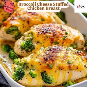 May include: Close-up of three golden brown chicken breasts stuffed with broccoli and cheese. The chicken breasts are in a white baking dish. The dish is on a black surface. The image has the text "Broccoli Cheese Stuffed Chicken Breast" at the top.