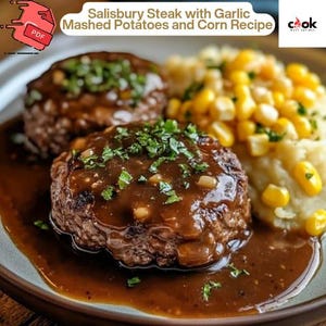 May include: A close-up of Salisbury steak with garlic mashed potatoes and corn. The steak is covered in a brown gravy and garnished with parsley. The dish is served on a grey plate.