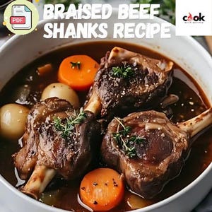 May include: A white bowl filled with a brown stew containing beef shanks, carrots, and potatoes. The text "BRAISED BEEF SHANKS RECIPE" is displayed above the bowl.