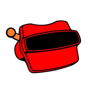 Könnte beinhalten: Ein rotes und schwarzes Vintage View-Master-Spielzeug, ein klassischer Stereobetrachter. Der Betrachter hat eine rechteckige Form mit einem großen schwarzen Sichtbereich und einem kleinen orangefarbenen Knopf an der Seite. Das Design ist kühn und cartoonartig.
