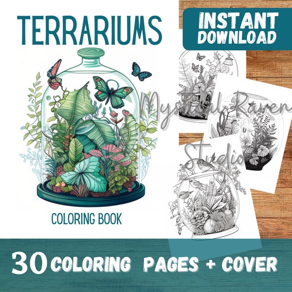 30 Terrarium Coloring Pages, Adults + kids- Download - Grayscale Coloring Page - Gift, Printable PDF