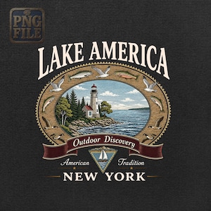 May include: A graphic design on a dark background featuring the text LAKE AMERICA at the top and NEW YORK at the bottom. A central oval frame shows a lighthouse, trees, and water, surrounded by fish and birds. A banner reads Outdoor Discovery.