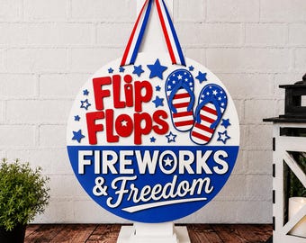 4th of July Door Hanger Patriotic Front Door Decor Flip Flops Fireworks & Freedom Sign Handmade Independence Day Decoration