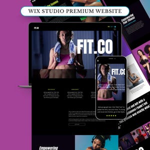 May include: A laptop and smartphone display a website design for "FIT.CO" with a woman in workout attire. The website showcases fitness content, with the text "Empowering Your Fitness" and "WIX STUDIO PREMIUM WEBSITE" visible.