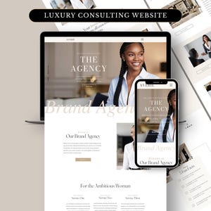 Könnte beinhalten: Ein Laptop und ein Smartphone zeigen ein Website-Design für eine Luxusberatungsagentur. Die Website zeigt eine Frau mit geflochtenem Haar und den Text "THE AGENCY" und "Brand Agency". Zusätzliche Seiten sind im Hintergrund sichtbar.
