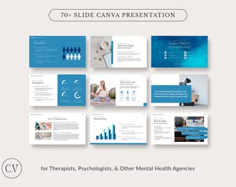 Canva Presentation Template, Slide Deck Business, Mental Health PPT,  Infographic, Modern PowerPoint Deck, Minimal and Clean Design, 70+Blue