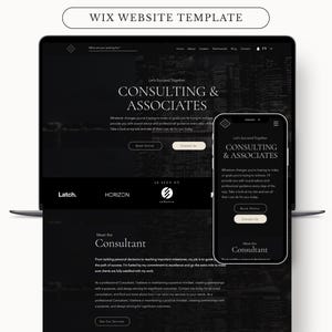 Puede incluir: Una plantilla de sitio web de Wix que se muestra en una computadora portátil y un teléfono inteligente. El diseño del sitio web presenta un tema oscuro con el texto "Consulting & Associates". El teléfono inteligente muestra el mismo diseño. La plantilla incluye el texto "WIX WEBSITE TEMPLATE".