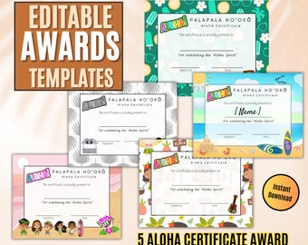 Prix du certificat Aloha modifiable et imprimable, prix mots hawaïens, impression téléchargement numérique, cadeau amusant pour enfants et adultes, accès instantané