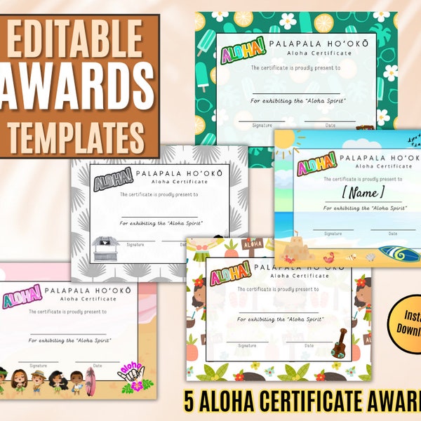 Aloha Certificate Award Editable and Printable, Hawaiian Words Award, Digital Download Print, Fun Gift for Kids and Adults, Instant Access