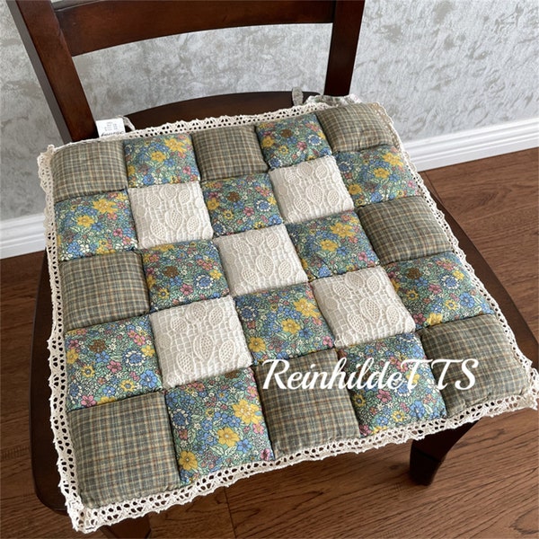 Lace Cotton Farmhouse Chair cushion, Plaid Seat cushion pads, Floral Chairs Pads, Splicing Chair Covers,Vintage Non-slip Chair cushion cover
