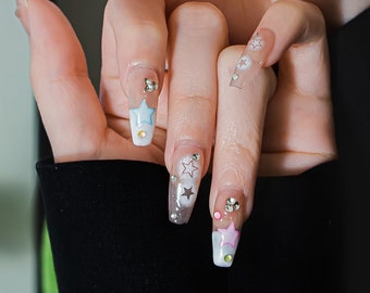 Rainbow Clouds Y2K Handmade Nails | Rhinestone Glue On Nails | Luxury Press On Nails Coffin | Star Nails | French Nails | MeiRoom Nails