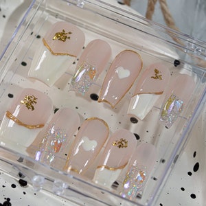 Milky White Heart Aurora Handmade Nails Gold and Rhinestone Glue On Nails Luxury Press On Nails Coffin French Nails MeiRoom Nails image 2