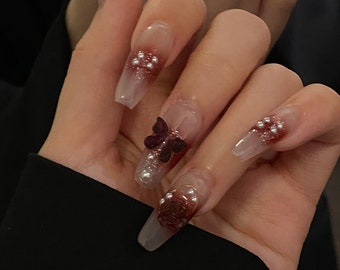 Plum Sauce Handmade Nails | Rose and Butterfly Glue on Nails | Luxury Press On Nails Coffin | Fresh Water Pearl False Nails | MeiRoom Nails