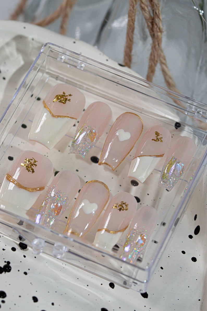 Milky White Heart Aurora Handmade Nails Gold and Rhinestone Glue On Nails Luxury Press On Nails Coffin French Nails MeiRoom Nails image 2