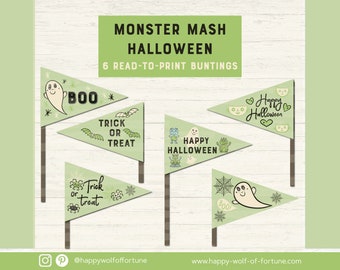 Monster Mash pastel Halloween ready-to-print bunting set with flags monsters, cats, ghosts - printable halloween pennant flag bundle green