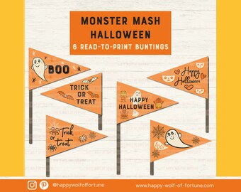 Monster Mash pastel Halloween ready-to-print bunting set with flags monsters, cats, ghosts - printable halloween pennant flag bundle orange