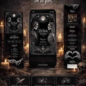 May include: A digital wedding website template with a gothic theme. The design features skeletons, candles, and the text "Till Death Do Us Part." The website includes RSVP, venue, and honeymoon sections. The template is fully editable and available for instant download.