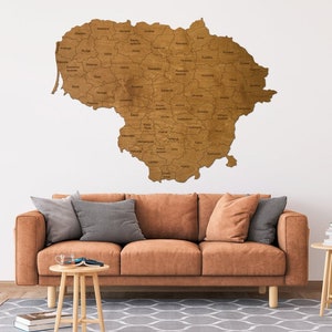 Mapa de Lituania, decoración de pared, mapa de viaje, decoración hame, arte de pared, mapa de madera