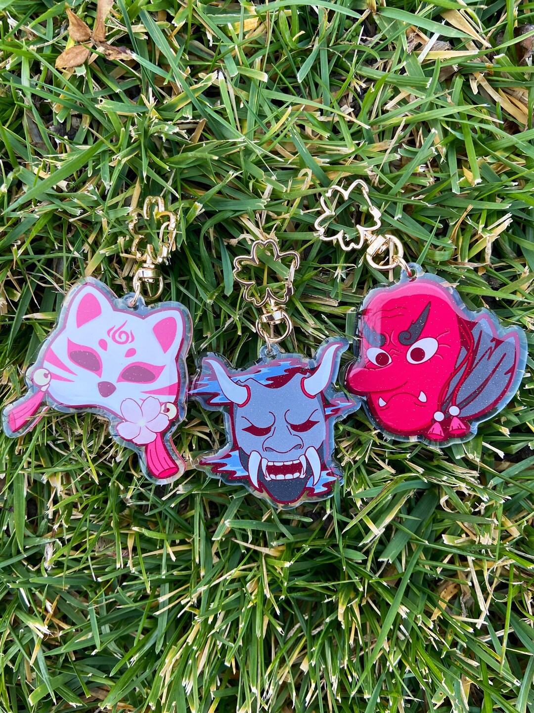 Japanese Mythical Creature Mask Keychains Kitsune Oni Etsy