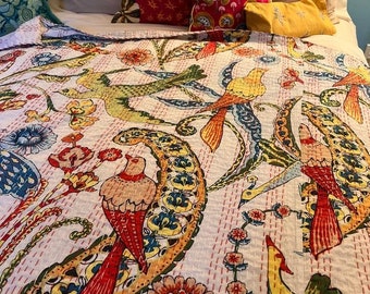 Bohemian Decor Bedding Indian Quilt Cotton Throw Coverlets Hippie Stitched Bedspread Boho Floral Bedcover Reversible Handmade Quilt