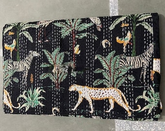 Indian Kantha Quilt Handmade Throw Reversible Blanket Bedspread Animal Print Fabric Bohemain quilt Twin/Queen chic bedding coverlets